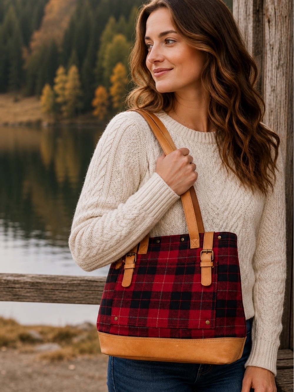 L.L. Bean Red and Black Plaid Shoulder Tote with Tan Leather Trim